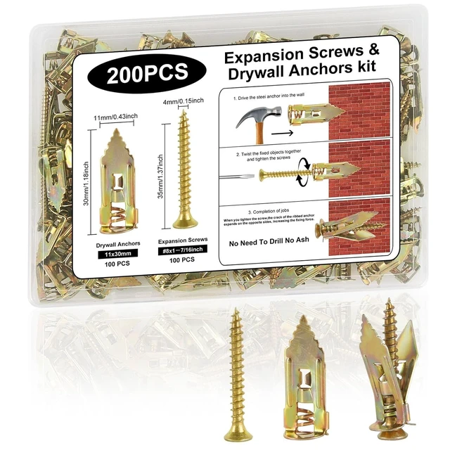 Main image of 200 Pcs Self Drilling Drywall Anchors with Screws Kit,100PCS Sheetrock Anchors (0.47X1.18inch) and 100 PCS Screws for TV, Shelf, Decor, Picture Frame Wall Mounting