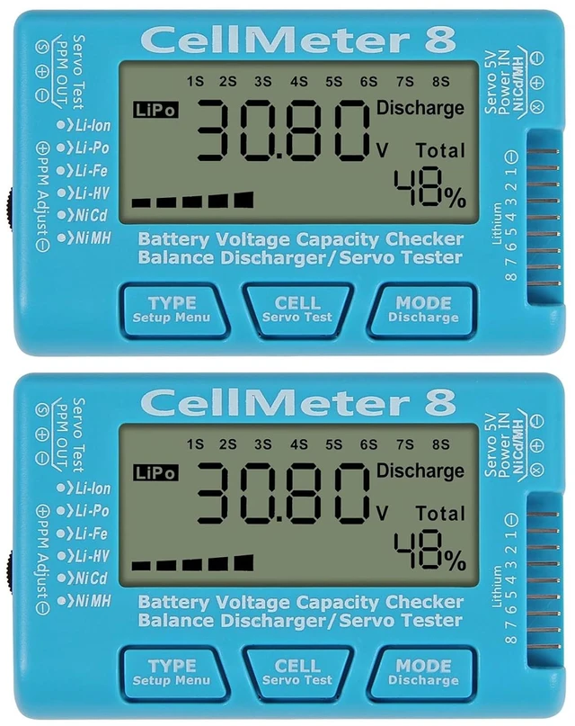 Main image of 2PCS RC CellMeter 8 Digital Battery Capacity Checker Battery Voltage Tester LCD Backlight for LiPo Life Li-ion NiMH Nicd Cell Meter Battery Checker (8 in 1 cellmeter)