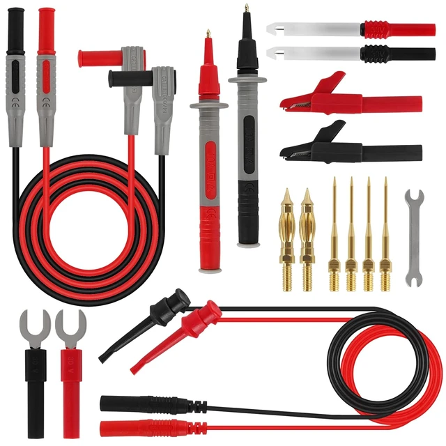 Main image of 25PCS Multimeter Test Leads Kit,Upgraded Test Leads Set with Replaceable Gold-Plated Multimeter Probes, Alligator Clips, Test Hooks and Back Probe Pins, Soft Silicone Volt Meter Lead