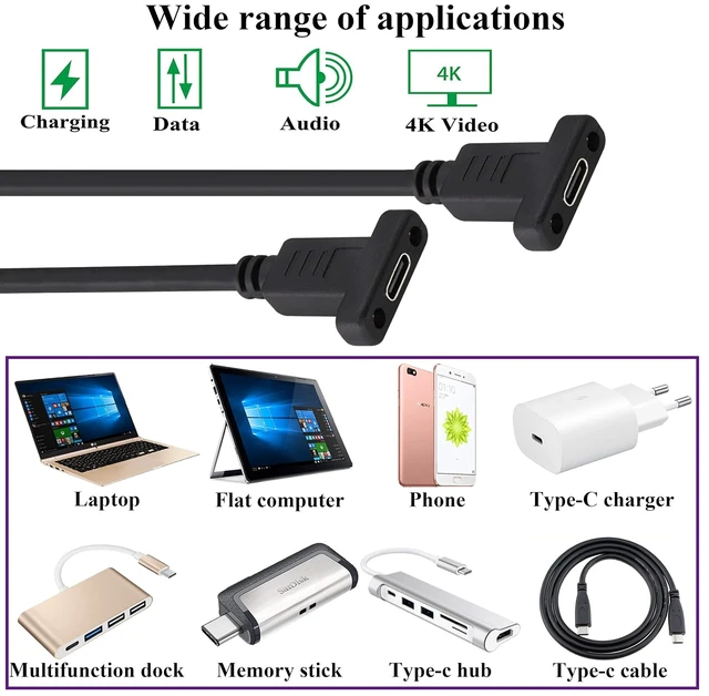 Alt view image 7 of 7 - USB C 3.1 to USB C Screw Hole Cable Gen 2 USB Type C 3.1 Female Cable with Dual Panel Mount Screw Hole Supports Charging,Data,Audio,Video Cable for Samsung Note10,MacBook Air(1M/3ft)