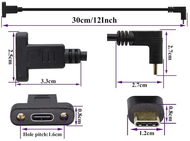 Alt view image 2 of 7 - Up&Down Angle 3.1Type C Gen 2 Cable (3A) 90 Degree USB 3.1 Type C Male to Female Panel Mount Screw Cable, Supports Charging,Data,Audio,Video Cable for Laptop,Tablet,Mobile Phone(0.3M/1ft)