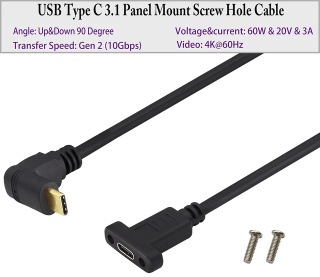 Alt view image 3 of 7 - Up&Down Angle 3.1Type C Gen 2 Cable (3A) 90 Degree USB 3.1 Type C Male to Female Panel Mount Screw Cable, Supports Charging,Data,Audio,Video Cable for Laptop,Tablet,Mobile Phone(0.3M/1ft)