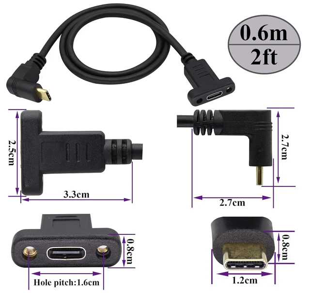 Alt view image 2 of 7 - 90 Degree 3.1Type C Cable 4K&60hz Up&Down Angle USB 3.1 Type C Male to Female Panel Mount Cable,Supports Charging,Data,Audio,Video Cable Compatible Samsung S10 S9 S9+ S8,MacBook(0.6M/2ft)