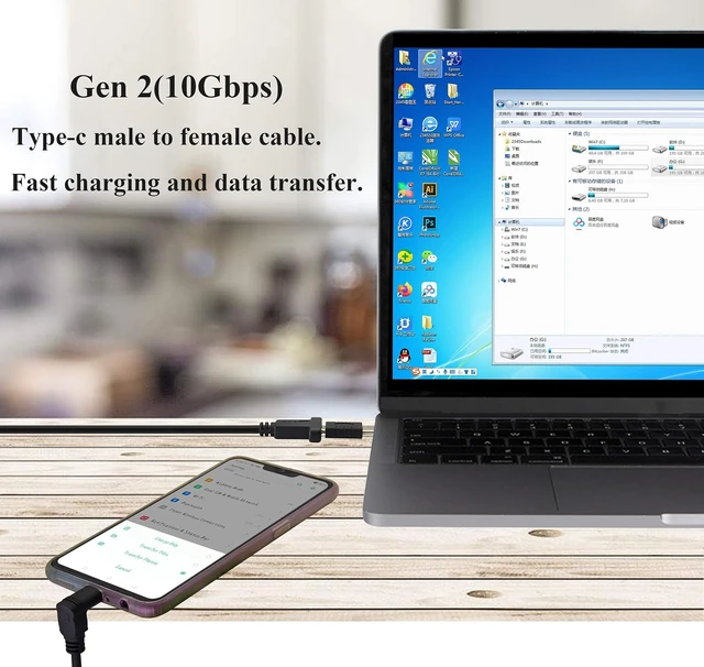 Alt view image 5 of 7 - 90 Degree 3.1Type C Cable 4K&60hz Up&Down Angle USB 3.1 Type C Male to Female Panel Mount Cable,Supports Charging,Data,Audio,Video Cable Compatible Samsung S10 S9 S9+ S8,MacBook(0.6M/2ft)