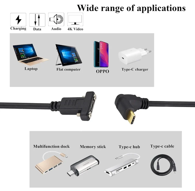 Alt view image 7 of 7 - 90 Degree 3.1Type C Cable 4K&60hz Up&Down Angle USB 3.1 Type C Male to Female Panel Mount Cable,Supports Charging,Data,Audio,Video Cable Compatible Samsung S10 S9 S9+ S8,MacBook(0.6M/2ft)
