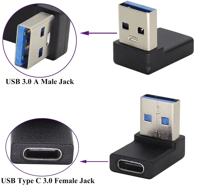 Alt view image 3 of 7 - Right Angle USB 3.0 A to USB C Adapter 90 Degree USB 3.0 A Male to USB Type C Female Converter (OTG) for PC,Laptops,Power Banks, Chargers More USB and Type-C Devices (2 Pack-Black/Up)