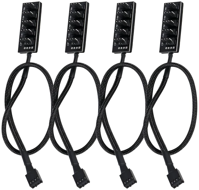 Main image of 4-Pack PWM Fan Hub, 1 to 5 Way Splitter PC Motherboard Case Power Extension Cable for ATX Computer 4-Pin and 3-Pin Cooling Fans
