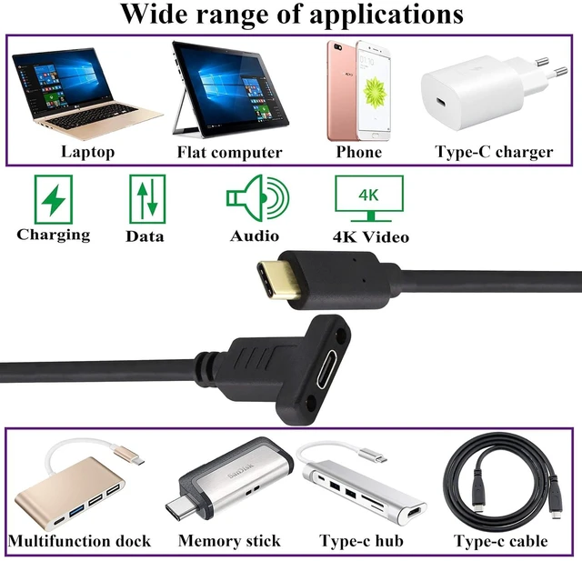 Alt view image 6 of 6 - USB Type C 3.1Panel Mount Adapter Cable USB-C 3.1 Gen2 10Gbps Male to USB C Female Panel Mount Screw Cable,Supports Charging,Data,Audio,Video Cable for Laptop,Tablet,Mobile Phone (0.3M/1ft)