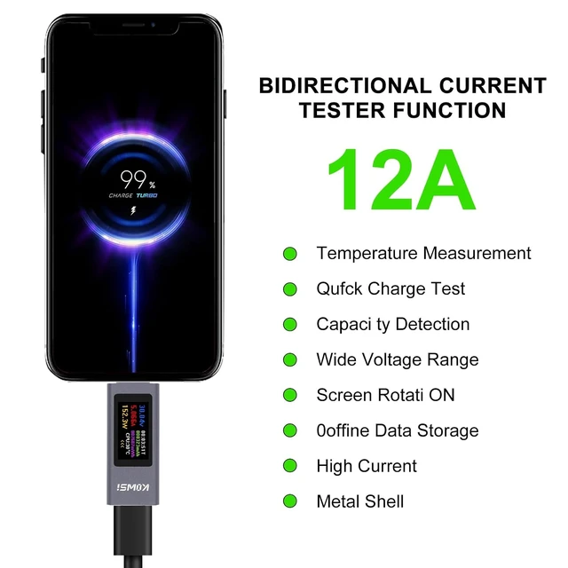 Alt view image 4 of 7 - 1PCS USB C Tester Power Meter, 4-30V 0-12A Type-C PD Tester Digital Multimeter, Voltage and Current Tester Meter Voltmeter, Power Bank Capacity USB Cable Charger Detector (KWS-2302C)