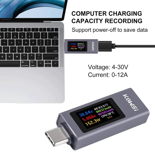 Alt view image 5 of 7 - 1PCS USB C Tester Power Meter, 4-30V 0-12A Type-C PD Tester Digital Multimeter, Voltage and Current Tester Meter Voltmeter, Power Bank Capacity USB Cable Charger Detector (KWS-2302C)