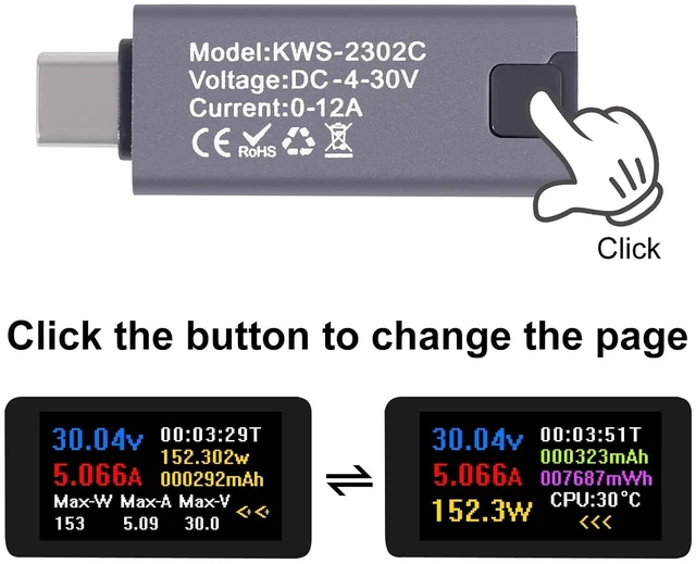 Alt view image 3 of 7 - 2PCS 360W USB C Tester Power Meter, 4-30V 0-12A Type-C PD Tester Digital Multimeter, Power Voltage and Current Tester Meter, Power Bank Capacity Voltmeter USB Cable Charger Detector