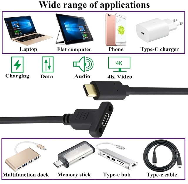 Alt view image 7 of 7 - USB Type C 3.1Panel Mount Adapter Cable USB-C 3.1 Gen2 10Gbps Male to USB C Female Panel Mount Screw Cable,Supports Charging,Data,Audio,Video Cable for Laptop,Tablet,Mobile Phone (0.6M/2ft)