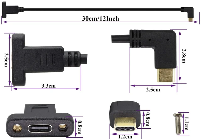 Alt view image 2 of 7 - Right&Left Angled 3.1Type C Cable Gen 2 (3A) 90 Degree USB 3.1 Type C Male to Female Panel Mount Screw Cable,Supports Charging,Data,Audio,Video Cable for Laptop,Tablet,Mobile Phone(0.3M/1ft)