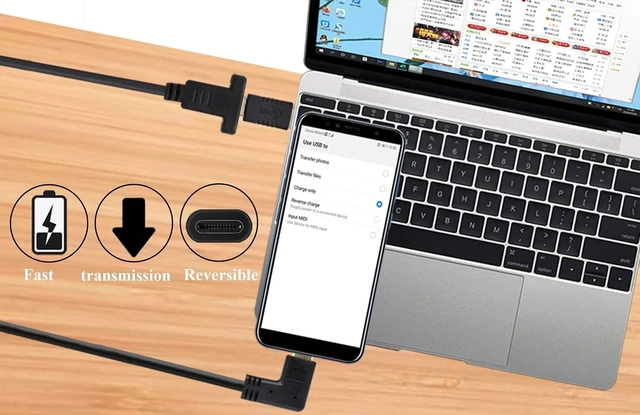 Alt view image 5 of 7 - Right&Left Angled 3.1Type C Cable Gen 2 (3A) 90 Degree USB 3.1 Type C Male to Female Panel Mount Screw Cable,Supports Charging,Data,Audio,Video Cable for Laptop,Tablet,Mobile Phone(0.3M/1ft)