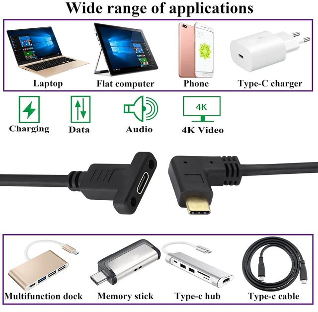 Alt view image 7 of 7 - Right&Left Angled 3.1Type C Cable Gen 2 (3A) 90 Degree USB 3.1 Type C Male to Female Panel Mount Screw Cable,Supports Charging,Data,Audio,Video Cable for Laptop,Tablet,Mobile Phone(0.3M/1ft)