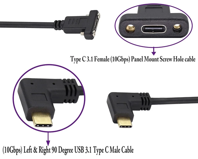 Alt view image 3 of 7 - 90 Degree 3.1Type C Cable10Gbps Right & Left Angle USB 3.1 Type C Male to Female Panel Mount Cable,Supports Charging,Data,Audio,Video Cable Compatible Samsung S10 S9 S8,MacBook(0.6M/2ft)