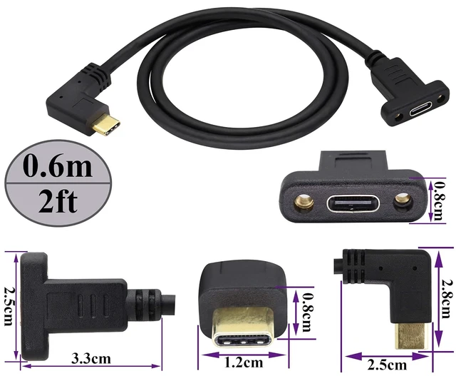 Alt view image 2 of 7 - 90 Degree 3.1Type C Cable10Gbps Right & Left Angle USB 3.1 Type C Male to Female Panel Mount Cable,Supports Charging,Data,Audio,Video Cable Compatible Samsung S10 S9 S8,MacBook(0.6M/2ft)
