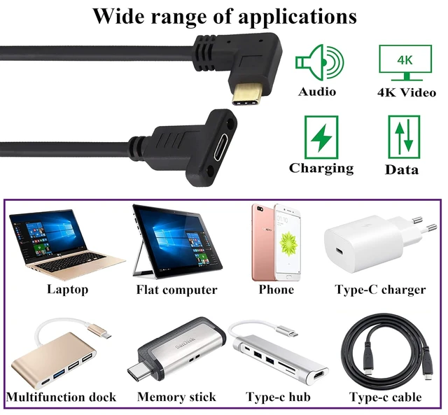 Alt view image 7 of 7 - 90 Degree 3.1Type C Cable10Gbps Right & Left Angle USB 3.1 Type C Male to Female Panel Mount Cable,Supports Charging,Data,Audio,Video Cable Compatible Samsung S10 S9 S8,MacBook(0.6M/2ft)