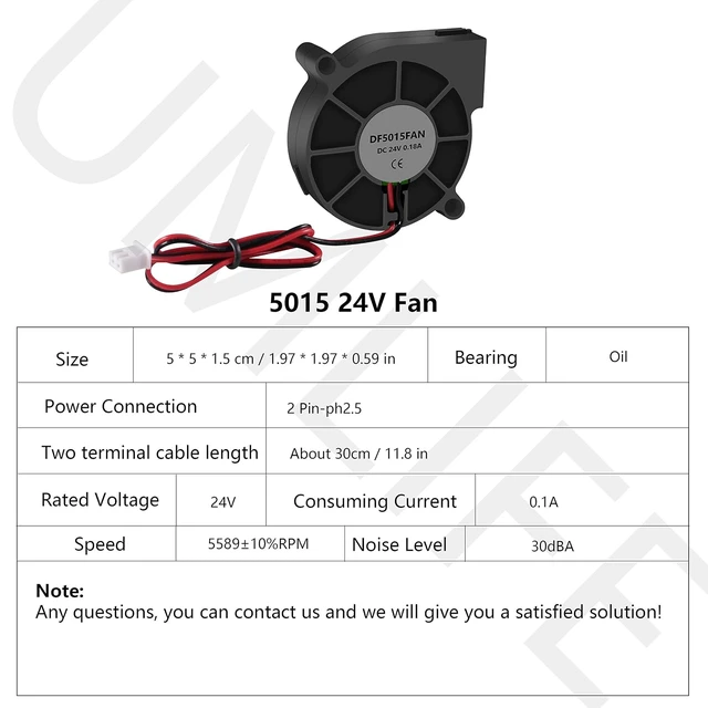 Alt view image 2 of 5 - 4PCS 3D Printer Blower Fan 5015 DC 24V Brushless Cooling Fan Oil Bearing 50x50x15mm Fan with 2 Pin Terminal for Humidifier Aromatherapy Repair Replacement Hotend Extruder Heatsinks(24V 0.1A)