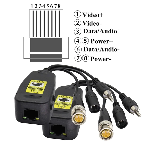 Alt view image 4 of 7 - BNC to RJ45 Transmitter Transceiver DC Power Passive Audio Video Balun HD-CVI/TVI/AHD/CVBS with DC Jack for 720P-1080P 3MP 4MP 5MP 8MP CCTV Security DVR Surveillance Camera System(19cm/4Pairs)