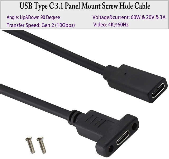 Alt view image 5 of 7 - 3.1Type C to USB C Panel Mount Screw Cable Gen 2 (3A) USB 3.1 Type C Female to Female Panel Mount Cable, Supports Charging,Data,Audio,Video Cable for Laptop,Tablet,Mobile Phone(0.3M/1ft)