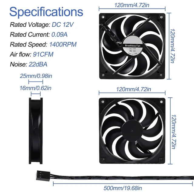 Alt view image 5 of 6 - 4-Pack 120mm 120x120x25mm 12V Black Computer Case Fans High Performance Cooling Low Noise 3-Pin 1400 RPM Quiet Long for Computer PC Case CPU Cooler Radiator Cooling Fan