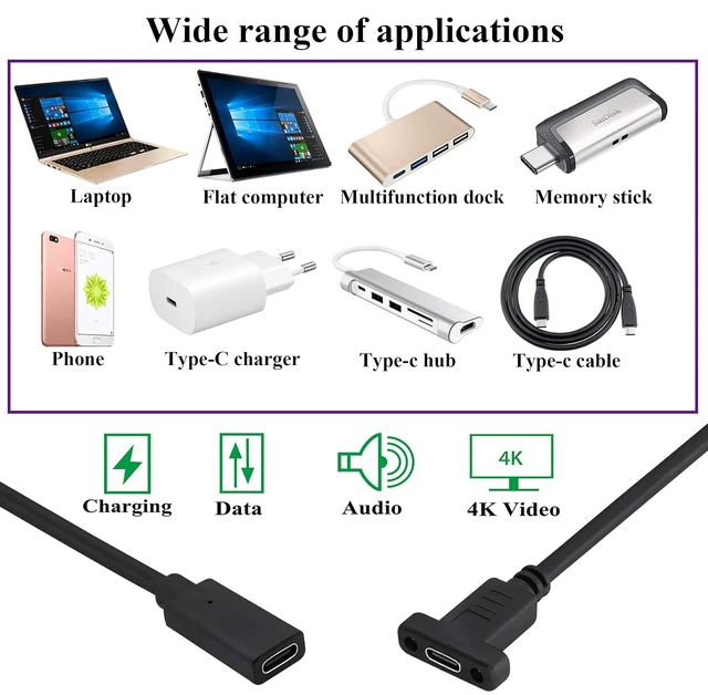 Alt view image 7 of 7 - 3.1Type C to USB C Panel Mount Screw Cable Gen 2 (3A) USB 3.1 Type C Female to Female Panel Mount Cable, Supports Charging,Data,Audio,Video Cable for Laptop,Tablet,Mobile Phone(0.3M/1ft)