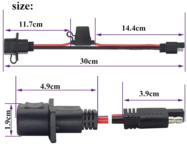 Alt view image 2 of 7 - 12AWG SAE Power Outlet Sidewall Port Adapter Cable with 20A Fuse,SAE Weatherproof Solar Panel Mount Flush Mount Connector Cable for Motorcycle Cars,Camp Trailer Solar Panels.(0.3M/2Pack)