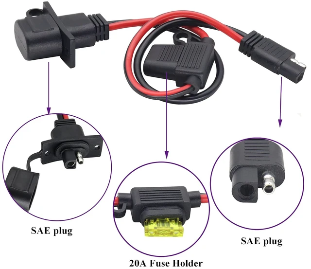 Alt view image 4 of 7 - 12AWG SAE Power Outlet Sidewall Port Adapter Cable with 20A Fuse,SAE Weatherproof Solar Panel Mount Flush Mount Connector Cable for Motorcycle Cars,Camp Trailer Solar Panels.(0.3M/2Pack)