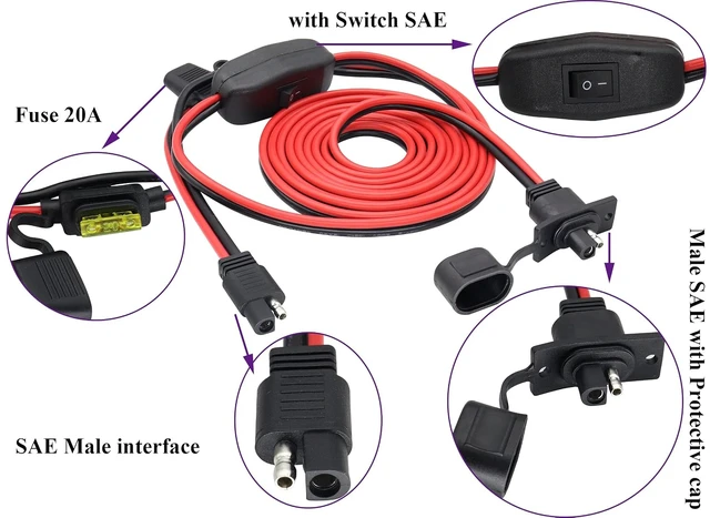 Alt view image 3 of 7 - SAE Extension Cable Wire Harness 12V-24V DC SAE Power Outlet Sidewall Port Adapter,12AWG Weatherproof SAE Quick Connect Solar Flush Panel Mount Charging Cable with Fuse,Switch&Screw.(3m/10ft)
