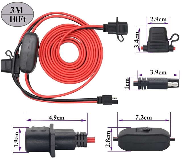Alt view image 2 of 7 - SAE Extension Cable Wire Harness 12V-24V DC SAE Power Outlet Sidewall Port Adapter,12AWG Weatherproof SAE Quick Connect Solar Flush Panel Mount Charging Cable with Fuse,Switch&Screw.(3m/10ft)