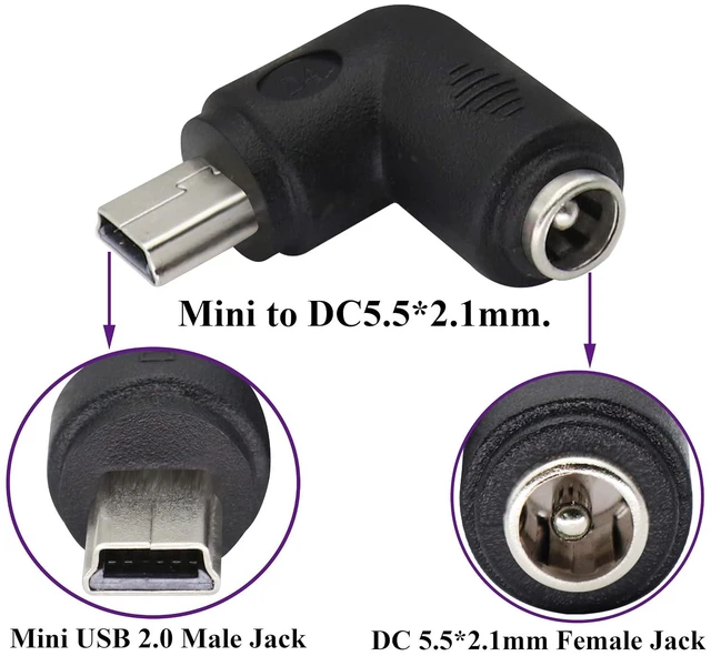 Alt view image 3 of 7 - 90° USB Right Angle Mini USB Male to DC 5.5x2.1mm Barrel Power Connector 5V Charger (2Pack)