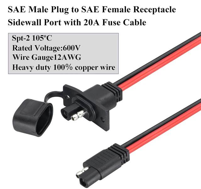 Alt view image 4 of 7 - SAE Extension Cable Wire Harness 12V-24V DC SAE Power Outlet Sidewall Port Adapter,12AWG Weatherproof SAE Quick Connect Solar Flush Panel Mount Charging Cable with Fuse,Switch&Screw.(3m/10ft)