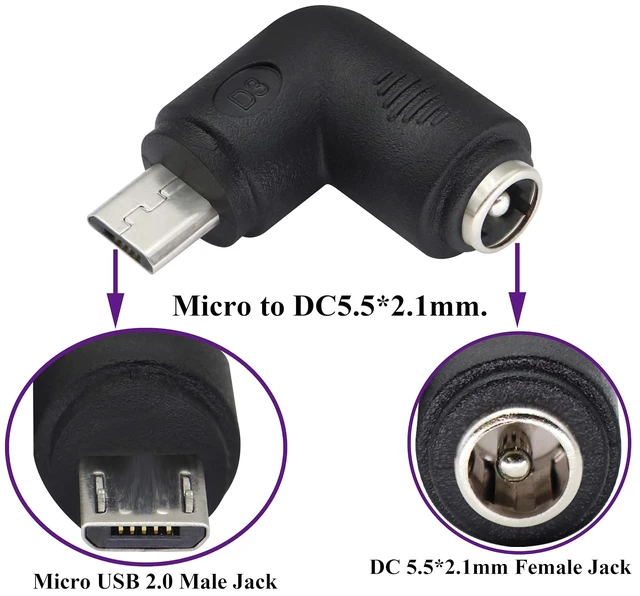 Alt view image 3 of 7 - 90 Degree Micro DC Power Adapter 90 Degree DC5.5x2.1mm to Micro USB 5V DC Power Supply Charging Connector for Cellphone, Tablet,MP3 and Micro USB Device.(2Pack/Micro)