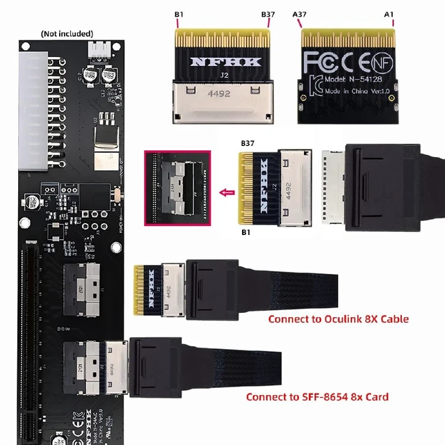 Alt view image 5 of 7 - PCIe PCI-Express Oculink SFF-8612 8X to SFF-8654 8X Female to Male SSD eGPU Data Slimline PCBA Adapter