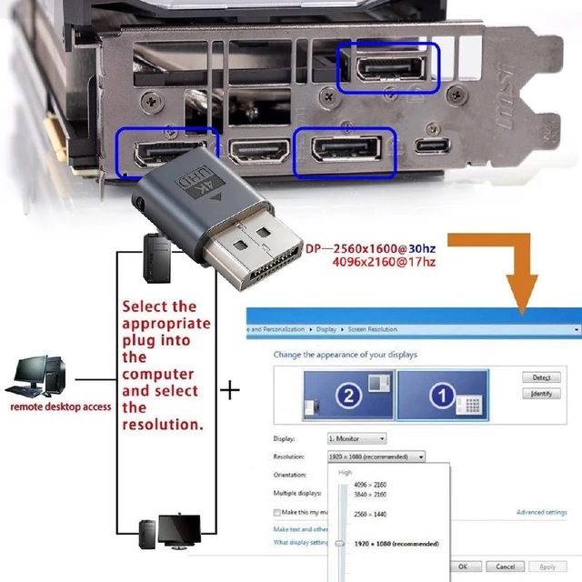 Alt view image 6 of 7 - DP Virtual Display 4K@17hz Adapter Displayport Dummy Plug Headless Ghost Emulator 4K@17hz with Blue LED Light