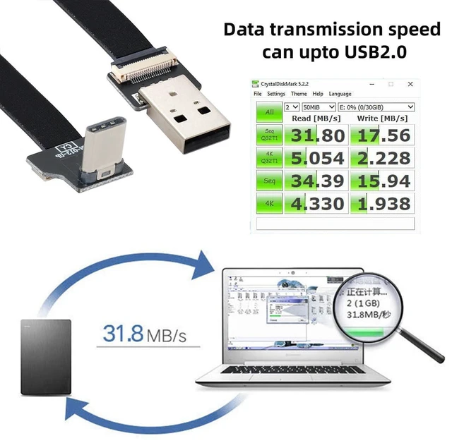 Alt view image 7 of 7 - Up Down Angled USB 2.0 Type-A Male to USB-C Type-C Male Data Flat Slim FPC Cable for FPV & Disk & Phone 20cm