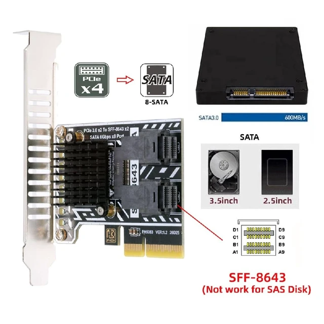 Alt view image 5 of 7 - PCIE 4.0 4X to Dual SFF8643 8-Port SATA 3.0 6Gbps Storage Expansion Adapter Card with Two Cables