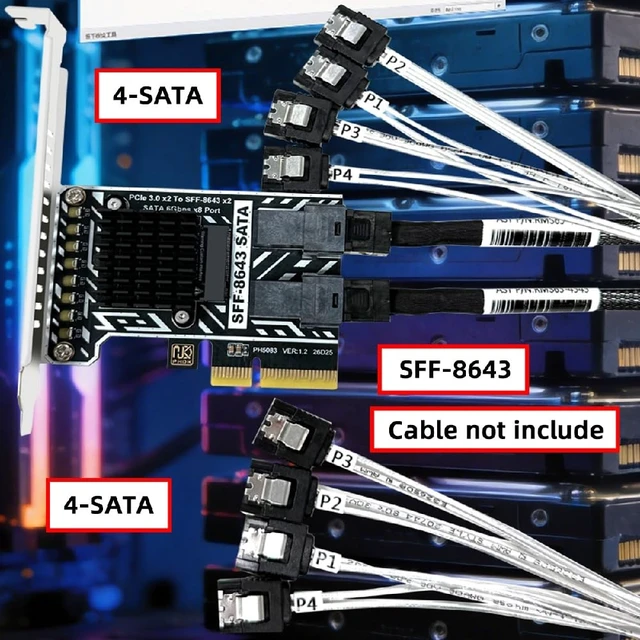 Alt view image 7 of 7 - PCIE 4.0 4X to Dual SFF8643 8-Port SATA 3.0 6Gbps Storage Expansion Adapter Card with Two Cables