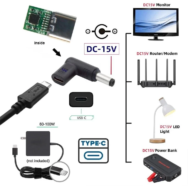 Alt view image 5 of 7 - 90 Degree Angled USB-C Female to DC 15V 5.5x2.1mm Plug PD Trigger Emulator Adapter