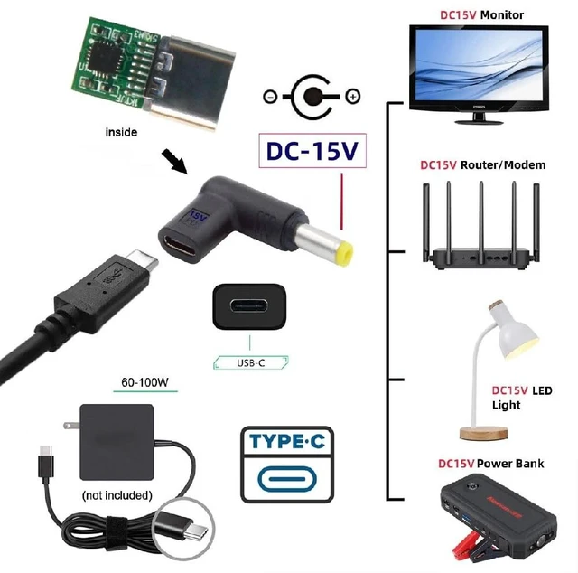 Alt view image 3 of 7 - 90 Degree Angled USB-C Female to DC 15V 4.0x1.7mm Plug PD Trigger Emulator Adapter
