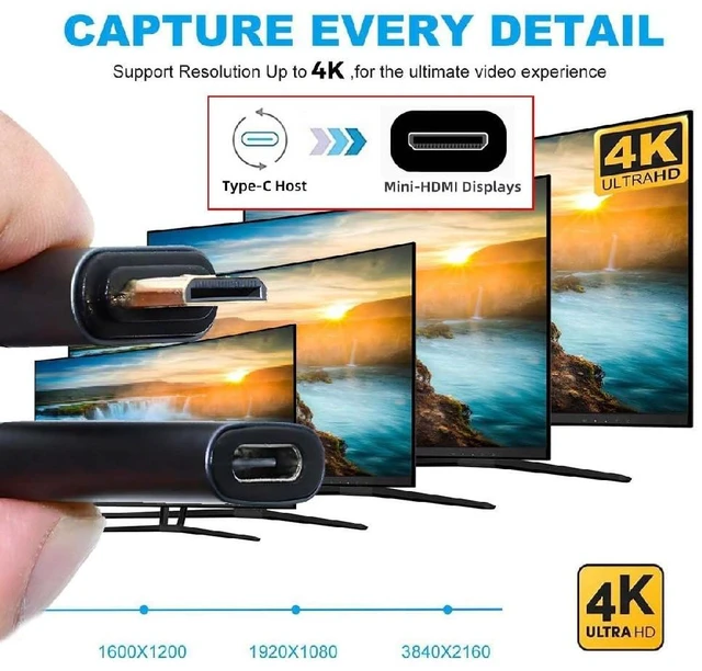 Alt view image 3 of 7 - Ultra Slim Flat USB-C Type-C Host Female to Mini HDMI Sink Male 4K 60hz HDTV Cable Adapter 1080p for Laptop Tablet Phone 88mm Included Connector