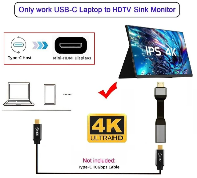 Alt view image 7 of 7 - Ultra Slim Flat USB-C Type-C Host Female to Mini HDMI Sink Male 4K 60hz HDTV Cable Adapter 1080p for Laptop Tablet Phone 88mm Included Connector