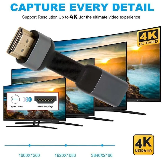 Alt view image 3 of 7 - Ultra Slim Flat USB-C Type-C Host Female to HDMI Sink Male 4K 60hz HDTV Cable Adapter 1080p for Laptop Tablet Phone 88mm Included Connector