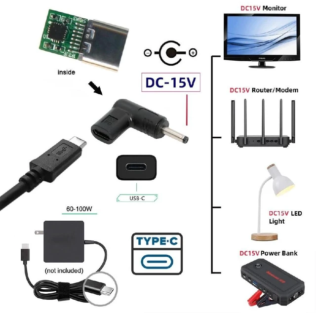 Alt view image 3 of 7 - 90 Degree Angled USB-C Female to DC 15V 3.5x1.3mm Plug PD Trigger Emulator Adapter