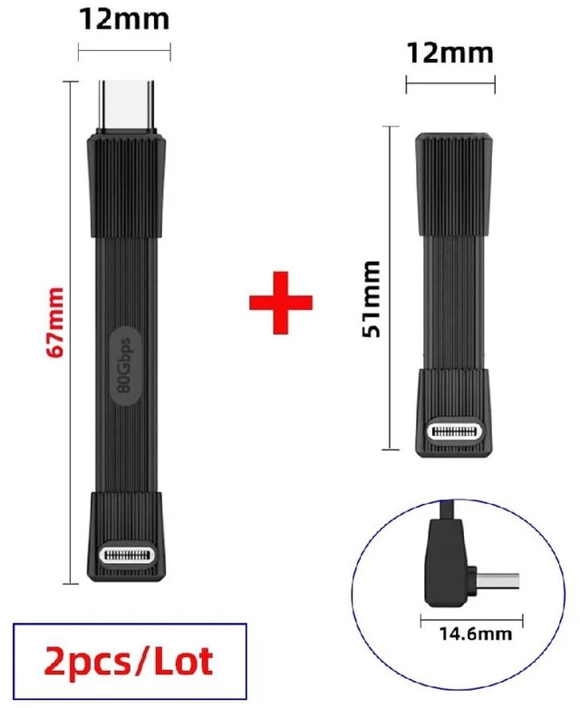 Alt view image 2 of 7 - 2pcs/Set 80Gbps 240W USB5.0 FPC Flat Slim Male to Male & Female Extension Cable Up Angled 90 Degree 16K 8K 60Hz 5K Compatible with 40Gbps USB4.0 Thunderbolt Black