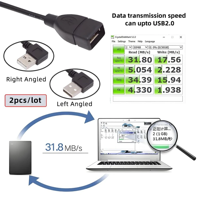 Alt view image 3 of 7 - 2pcs/Set Type USB 2.0 Type-A Male Left & Right Angled to USB Female 90 Degree Type Extension Cable 20cm