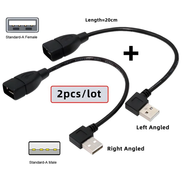 Alt view image 2 of 7 - 2pcs/Set Type USB 2.0 Type-A Male Left & Right Angled to USB Female 90 Degree Type Extension Cable 20cm