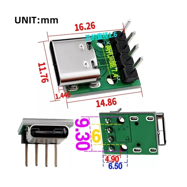 Alt view image 5 of 7 - 5pcs USB2.0 Pinout DIY OEM Type C Female Socket Connector to 4Pin Pitch=2.54mm Contact Header Vertical DC 5V Power