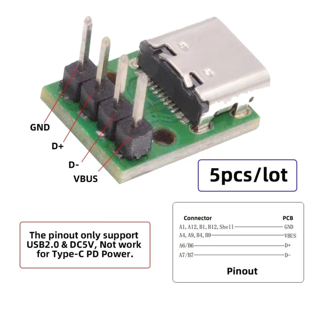 Alt view image 4 of 7 - 5pcs USB2.0 Pinout DIY OEM Type C Female Socket Connector to 4Pin Pitch=2.54mm Contact Header Vertical DC 5V Power